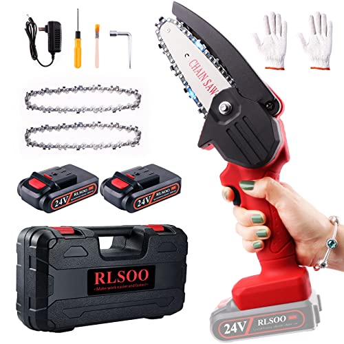 Mini Chainsaw RLSOO Upgraded 4Inch 24V Battery Powered Cordless Chainsaw Portable OneHanded Rechargeable Electric Chainsaw for Tree Trimming Branch Wood Cutting（2 Batteries 2 Chains Included）